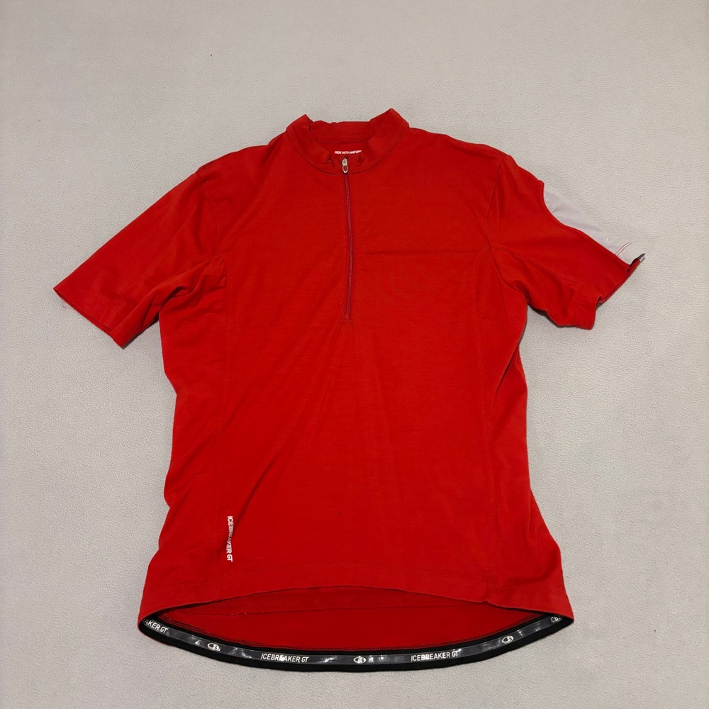 Icebreaker GT Mens XL Red Merino Wool Quarter Zip Short Sleeve Cycling Jersey